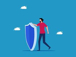 man holding a shield and standing in front of clouds vector