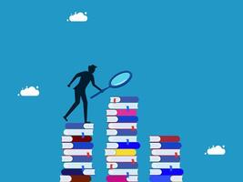a man is standing on top of stacks of books with a magnifying glass vector