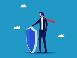 businessman with briefcase and shield walking on blue background vector