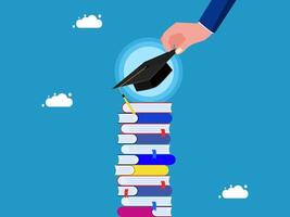 hand holding a graduation cap and books on top of a stack of books vector