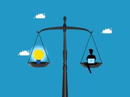 businessman sitting on a balance scale with a light bulb and an idea bulb vector
