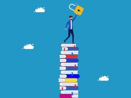a man is standing on top of a stack of books with a padlock on it vector