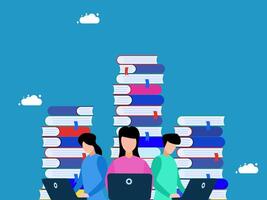 three people sitting in front of stacks of books vector