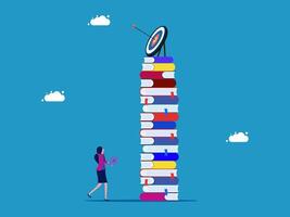 a woman is standing next to a stack of books with a target on top vector