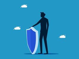 businessman holding a shield and standing in front of clouds vector