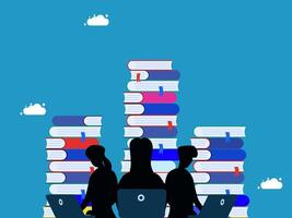 three people sitting in front of a stack of books vector