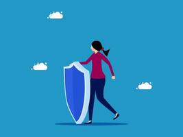 woman holding a shield and standing in front of clouds vector