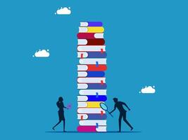people are standing next to a stack of books vector