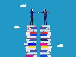 two businessmen shaking hands on top of stacks of books vector