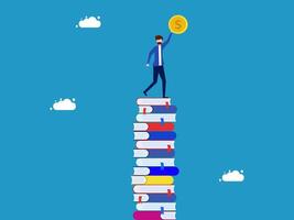 businessman climbing up a stack of books with a coin vector