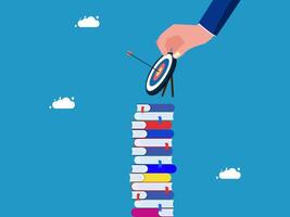 businessman aiming at books with dart on top of stack of books vector