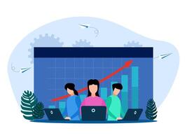 business people working on laptops in front of a graph chart vector