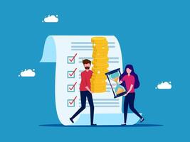 two people are carrying a stack of coins on a checklist vector