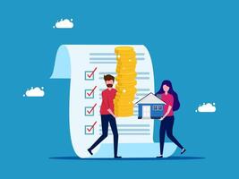 a couple is carrying a stack of coins and a house on a checklist vector