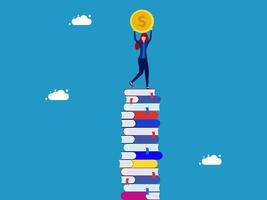 woman climbing up a stack of books with a coin vector