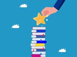 hand reaching for a star on top of a stack of books vector