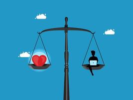 a man sitting on a balance scale with a heart and a laptop vector