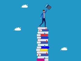 businessman standing on top of stack of books with calculator vector