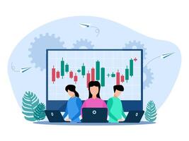 business people working on a computer screen with a stock chart vector