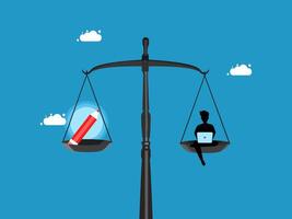a person sitting on a balance scale with a pencil and a red pen vector