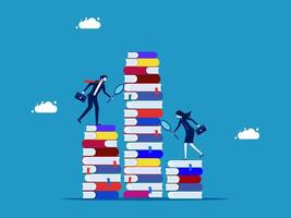 man and woman climbing on stack of books vector