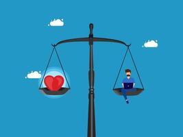 a man standing on a scale with a heart and a red heart vector