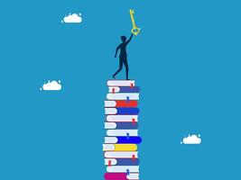 man is standing on top of a stack of books with a key vector