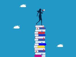 woman standing on top of stack of books with megaphone vector