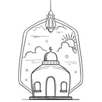 hand drawn cartoon line art doodle illustration for ramadan theme, mosque with cloud background vector