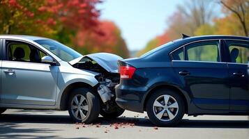 Collision Involving Two Cars on a Sunny Day With its Front Hood Crumpled photo