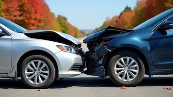 Collision Involving Two Cars on a Sunny Day With its Front Hood Crumpled and Raised, Exposing Internal Components photo