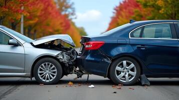 Collision Involving Two Cars on a Bright Day With its Front Hood Crumpled, Exposing Internal Components. photo