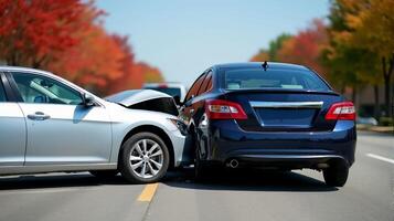 Two cars that have been damaged in a collisions on daytime. photo