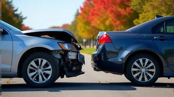Collision Involving Two Cars on a Bright Day With its Front Hood Crumpled and Raised, Exposing Internal Components. photo