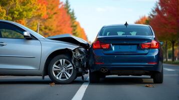 Collision Involving Two Cars on a Sunny Day With its Front Hood Crumpled and Raised photo
