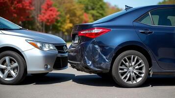 Collision Of Two Cars on a Sunny Day With its Front Hood Crumpled and Raised, Exposing Internal Components. photo