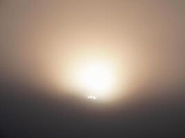 disk of the sun rises behind the crowns of the trees in a thick fog photo