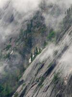 Vertical granite wall of a mountain with a tree forest above a cliff, against a background of foggy haze. Spectacular mountain background. Concept of survival in difficult conditions. photo