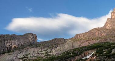Scenic minimalist panoramic landscape with white clouds in blue sky over rock. Simple minimalism with white clouds in blue sky. Colorful sky scenery. Atmospheric day cloudscape. photo