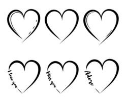 Set of open hearts. Romantic elements. Hearts outline. Bundle of Hearts with inscriptions vector