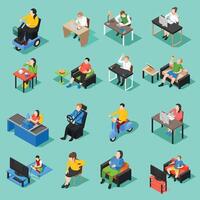New Isometric set of 3D businessmen and office furniture. Front and back view. Masked characters during the pandemic vector