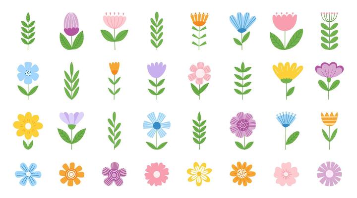 Set of abstract wild flower icons. Modern spring and summer colorful floral. Flat, minimalist, scandinavian illustration