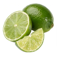 A bright green lime with smooth, shiny skin, displayed alongside a sliced lime revealing the vibrant green pulp and juicy segments inside png