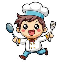 cartoon chef running with a spoon and fork vector
