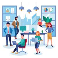 people working in an office with a city view vector