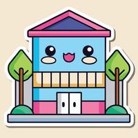 a sticker of a cute building with a smiley face vector