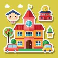 school building, school bus, school bus stop, vector