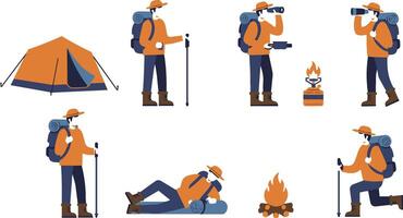 Adventurous Backpacker Illustration Set vector