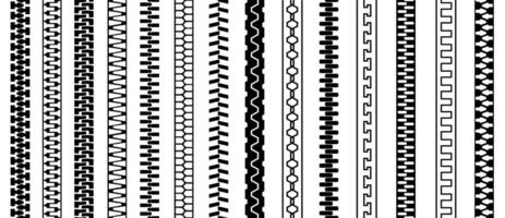 Zippers set. Seamless patterns with zipper teeth, doodle sewing fastener icons, cartoon black elements for clothing design. isolated collection vector