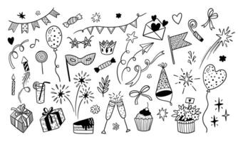Doodle party icons. Abstract simple hand drawn sketch elements, cute marker pen scribble signs. border garland and frame set vector